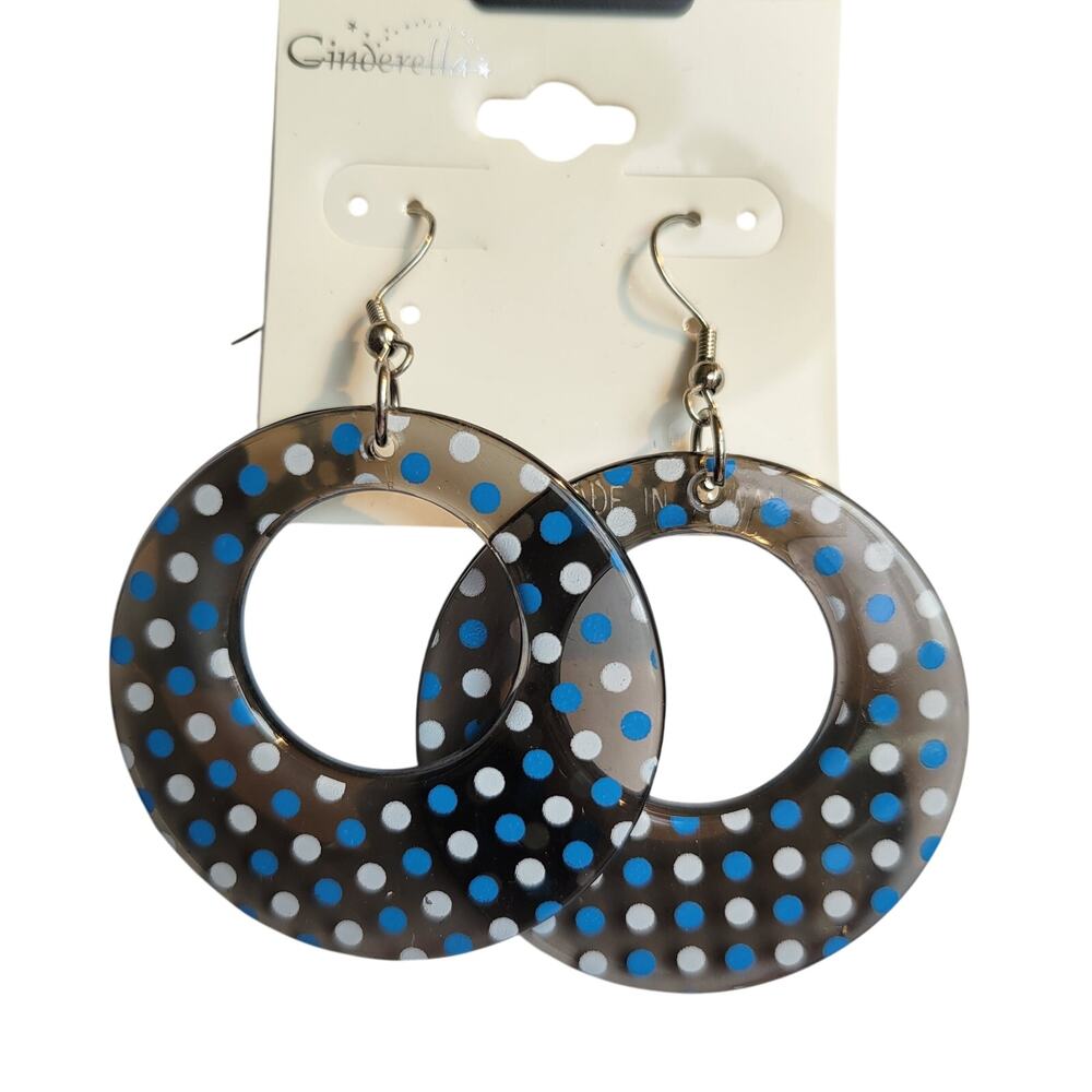 Black Blue Round Dangle Earrings 2" Retro Bold Polka Dot Y2K Festival  80's Hoop